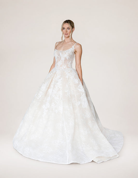 Anya by Aura by Archela - floral lace ball gown with scoop neckline, thin straps, sheer corset bodice, nude underlay and train