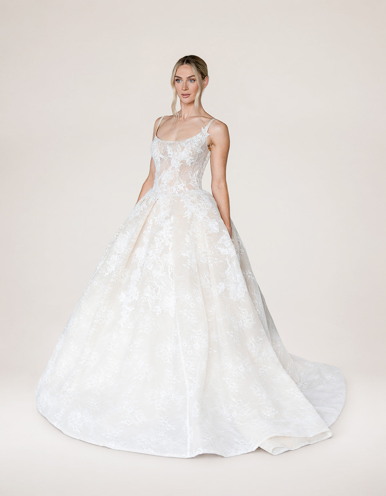 Anya by Aura by Archela - floral lace ball gown with scoop neckline, thin straps, sheer corset bodice, nude underlay and train
