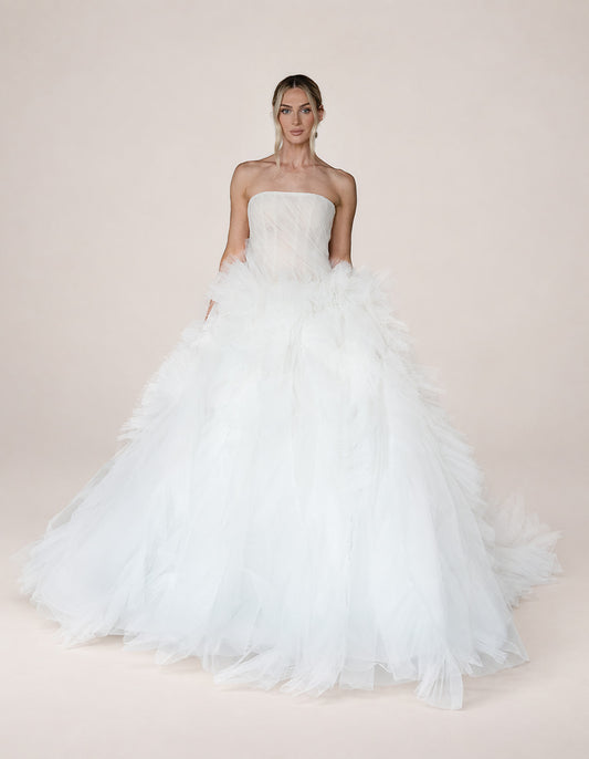 Arianna by Aura by Archela - strapless tulle ball gown with straight neckline, sheer pleated corset bodice and ruffled layered skirt