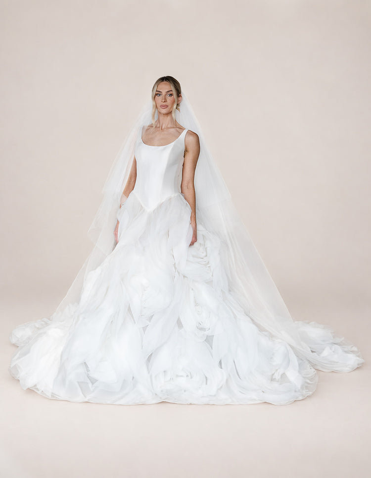 Athena by Aura by Archela - Ball gown with scoop neck satin bodice, wide straps, basque waist and sculpted organza rosette skirt with train